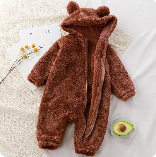 Adorable Cozy Baby Romper – Soft Hooded Coral Fleece Jumpsuit with Bear Ears, Perfect for Warm Winter Comfort & Snuggly Newborn Sleep