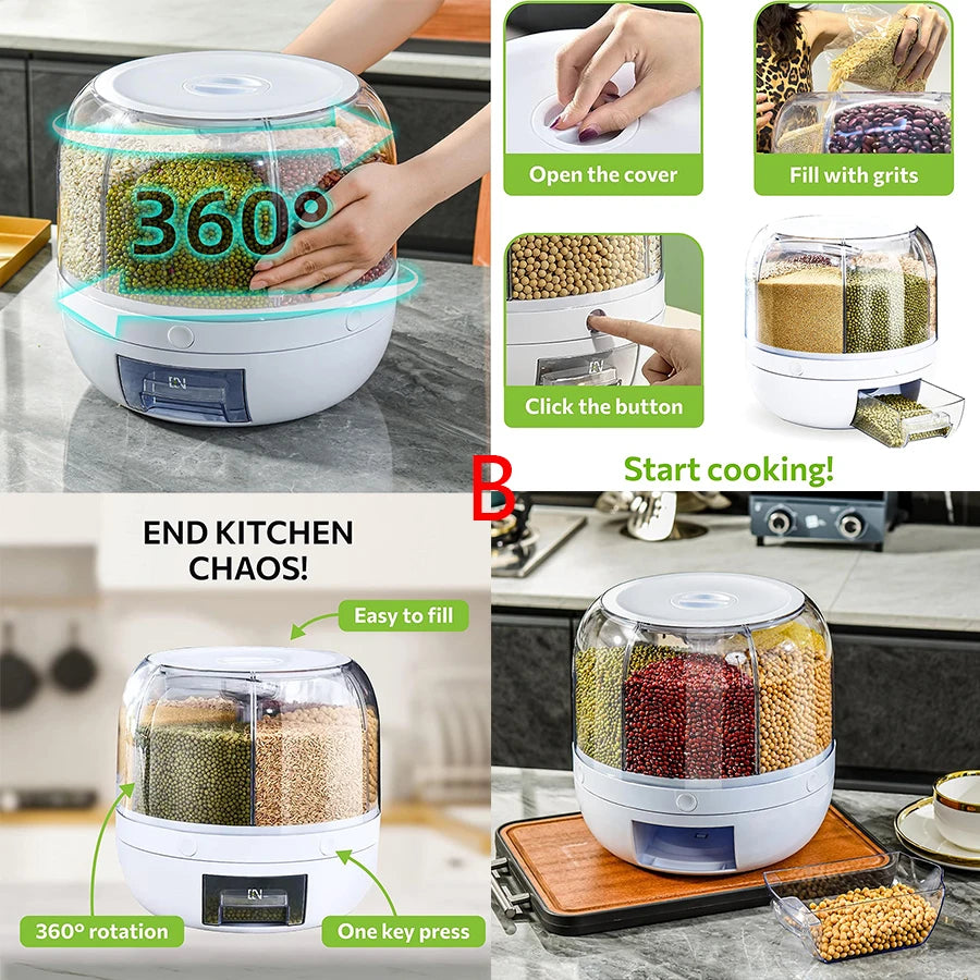 Kitchen Game Changer: 360° Rotating 6-Compartment Cereal Dispenser | Airtight Storage for Grains & Dry Goods