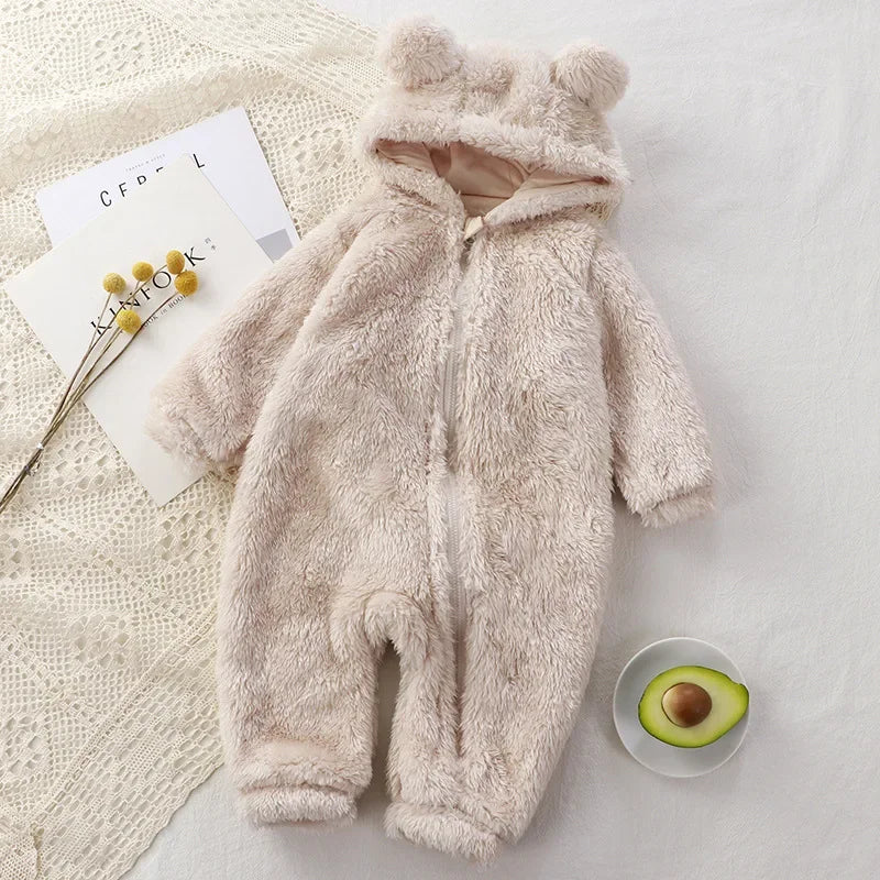 Adorable Cozy Baby Romper – Soft Hooded Coral Fleece Jumpsuit with Bear Ears, Perfect for Warm Winter Comfort & Snuggly Newborn Sleep
