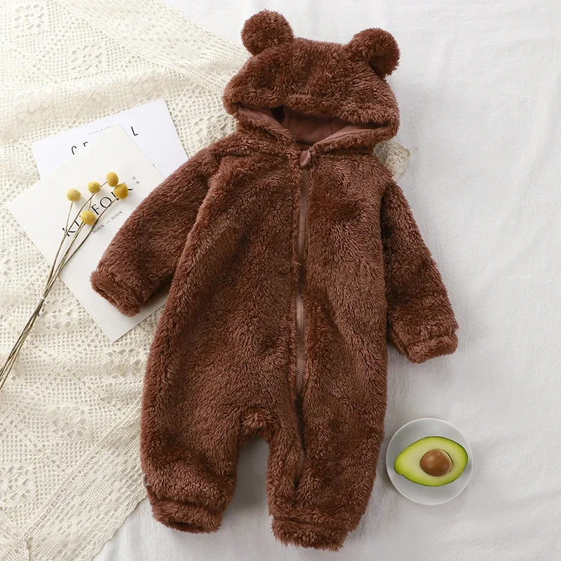 Adorable Cozy Baby Romper – Soft Hooded Coral Fleece Jumpsuit with Bear Ears, Perfect for Warm Winter Comfort & Snuggly Newborn Sleep