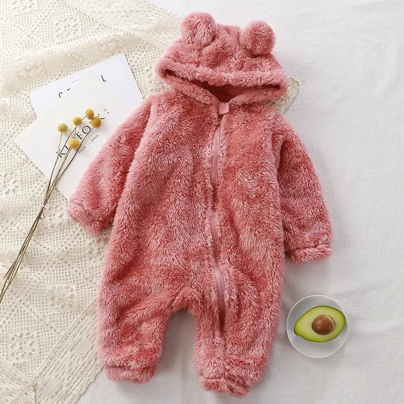 Adorable Cozy Baby Romper – Soft Hooded Coral Fleece Jumpsuit with Bear Ears, Perfect for Warm Winter Comfort & Snuggly Newborn Sleep