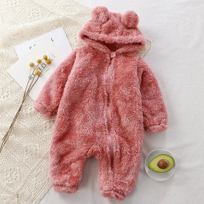 Adorable Cozy Baby Romper – Soft Hooded Coral Fleece Jumpsuit with Bear Ears, Perfect for Warm Winter Comfort & Snuggly Newborn Sleep