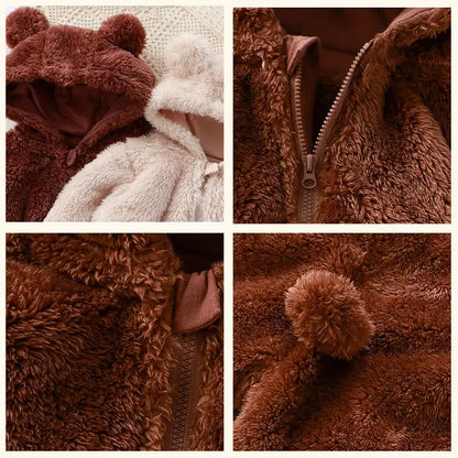 Adorable Cozy Baby Romper – Soft Hooded Coral Fleece Jumpsuit with Bear Ears, Perfect for Warm Winter Comfort & Snuggly Newborn Sleep