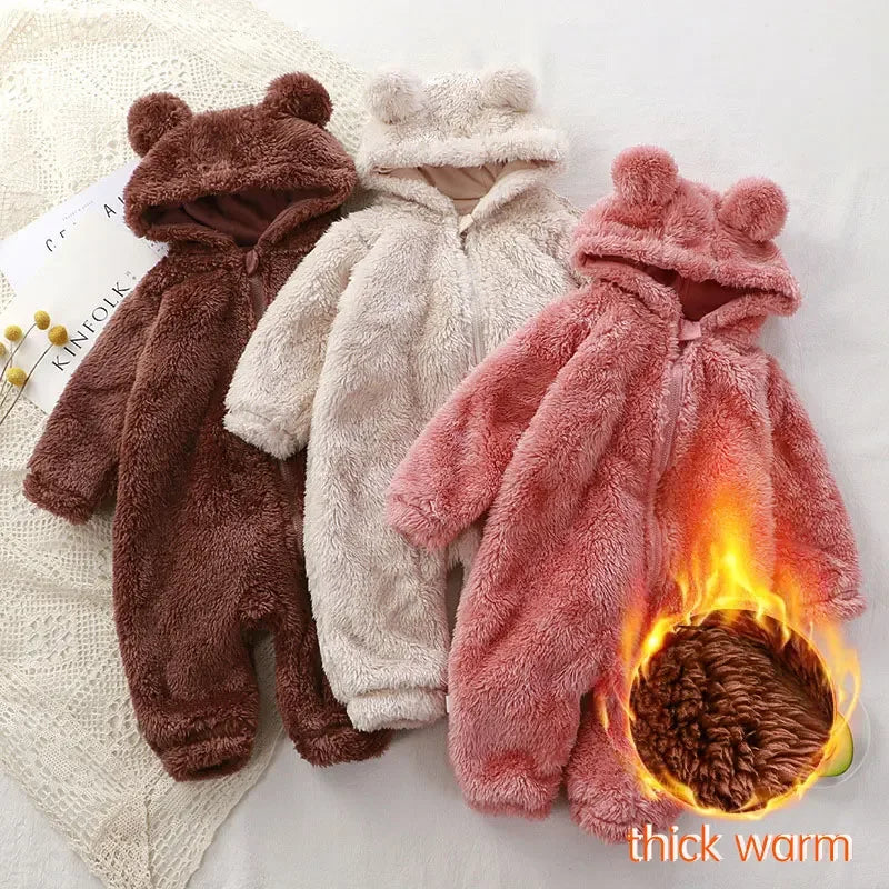 Adorable Cozy Baby Romper – Soft Hooded Coral Fleece Jumpsuit with Bear Ears, Perfect for Warm Winter Comfort & Snuggly Newborn Sleep