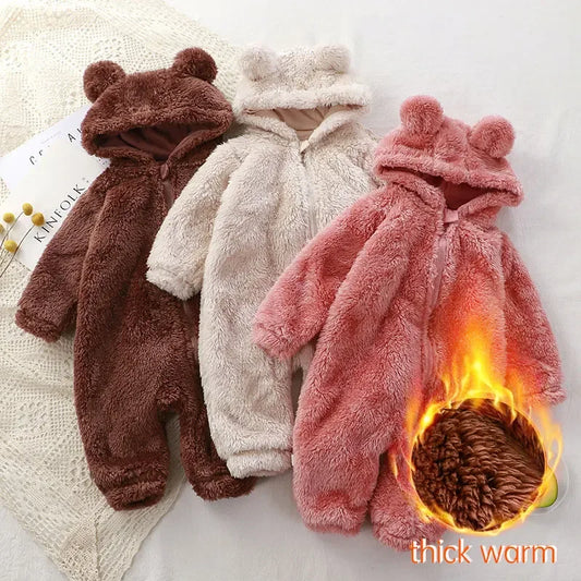 Adorable Cozy Baby Romper – Soft Hooded Coral Fleece Jumpsuit with Bear Ears, Perfect for Warm Winter Comfort & Snuggly Newborn Sleep